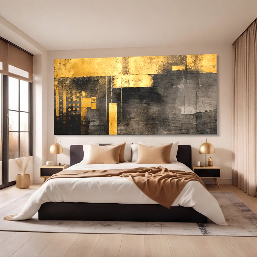 Tablou canvas cu pictura abstracta cu forme geometrice aurii, fara rama, pe sasiu de lemn, pe perete intr-un dormitor